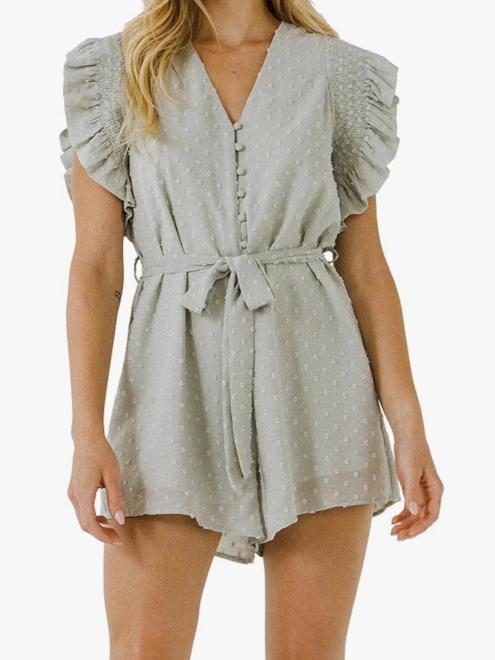 Free The Roses Swiss Dot Ruffle Romper Sage Size M NWT Orig $98 Anthropologie